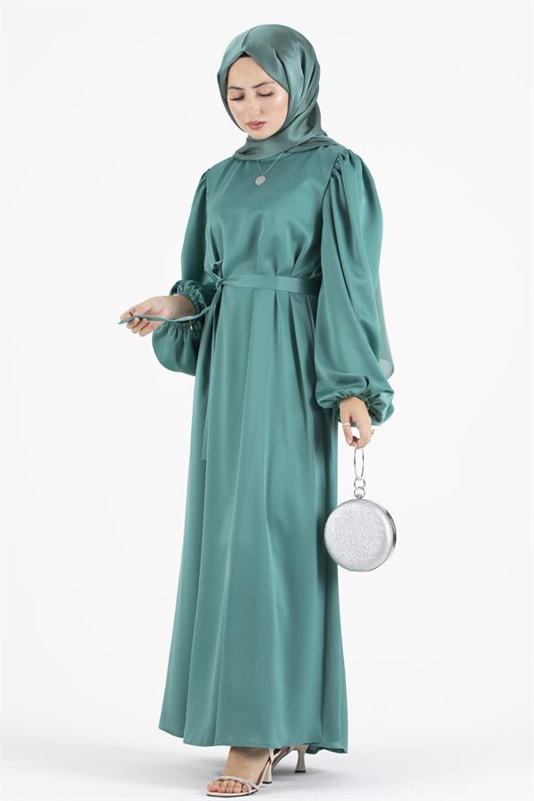 Balon Kollu Saten Abiye-Mint Yeşili