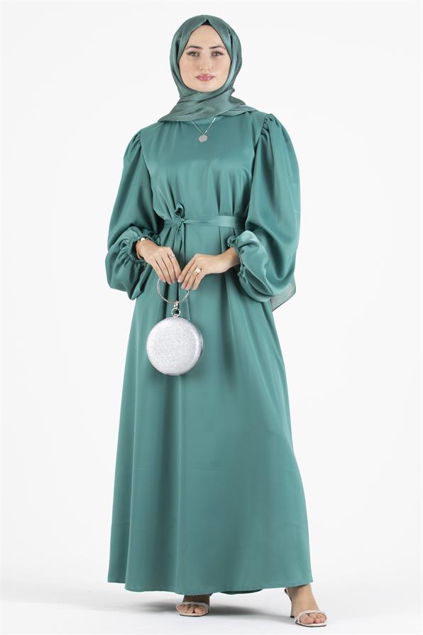 Balon Kollu Saten Abiye-Mint Yeşili