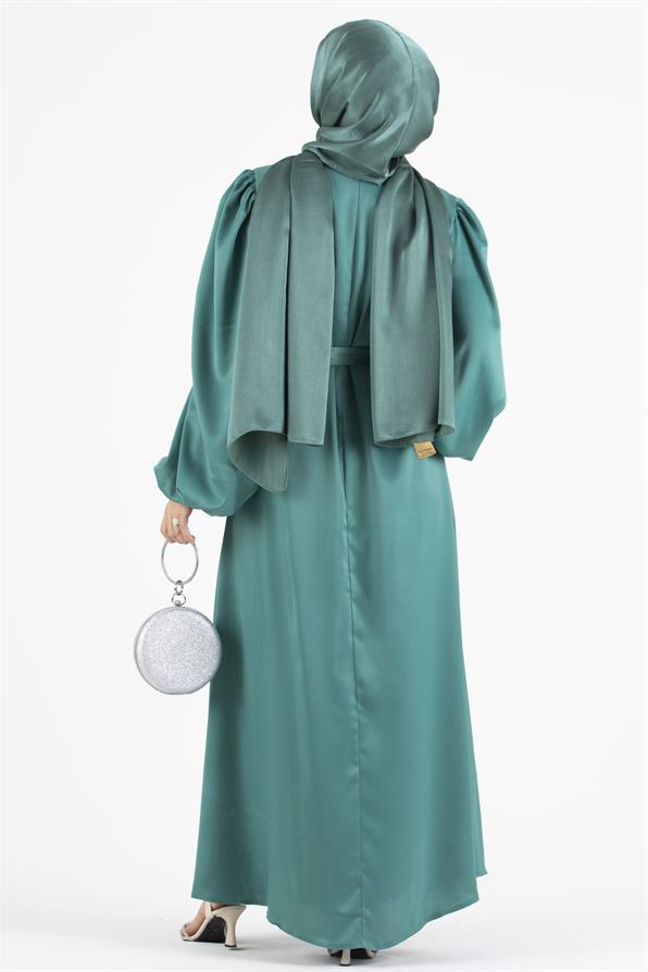 Balon Kollu Saten Abiye-Mint Yeşili