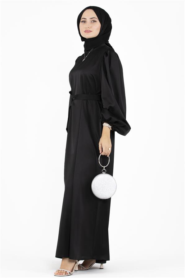 Balon Kollu Saten Abiye-Siyah