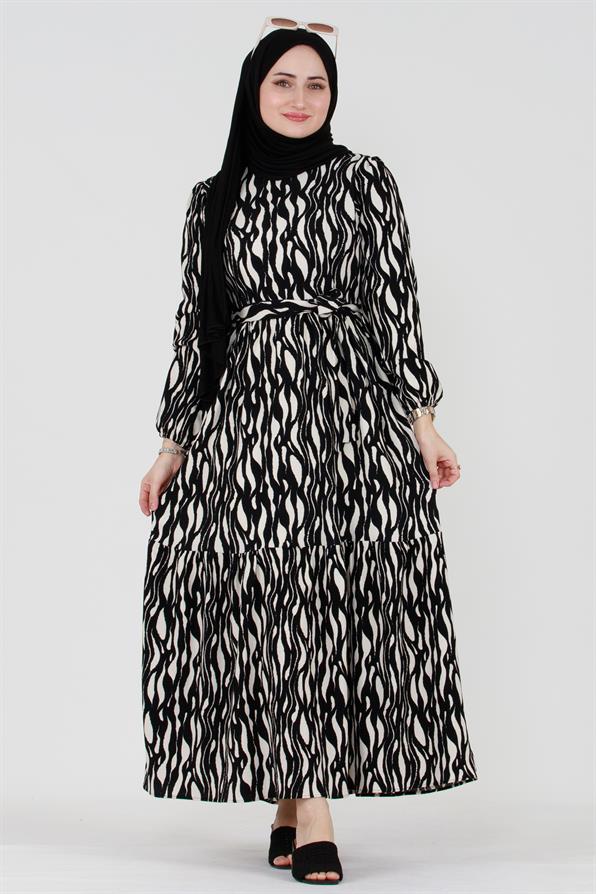 Baskılı Karin Tesettür Elbise-Siyah