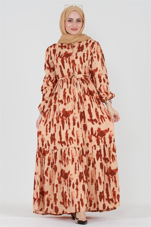 Batik Desen Gizli Düğmeli Viskon Elbise-Bordo