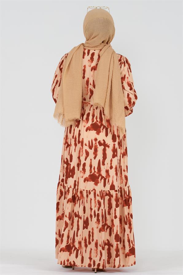 Batik Desen Gizli Düğmeli Viskon Elbise-Bordo