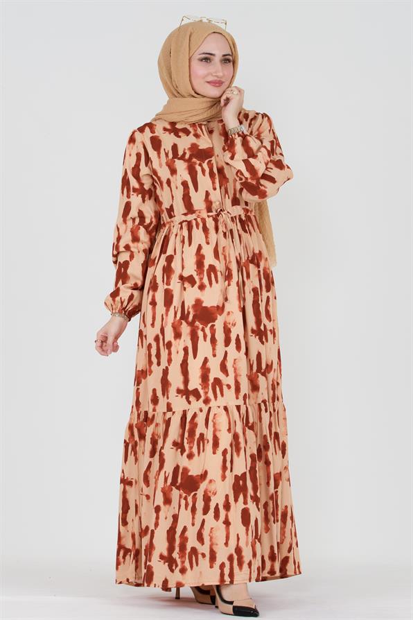 Batik Desen Gizli Düğmeli Viskon Elbise-Bordo