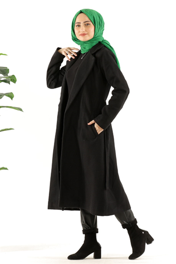 ترنشكوت منسوجة بحزام على الخصر -اللون الأسود