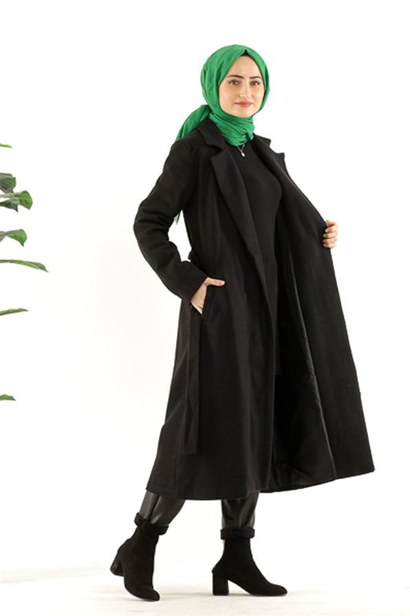 ترنشكوت منسوجة بحزام على الخصر -اللون الأسود