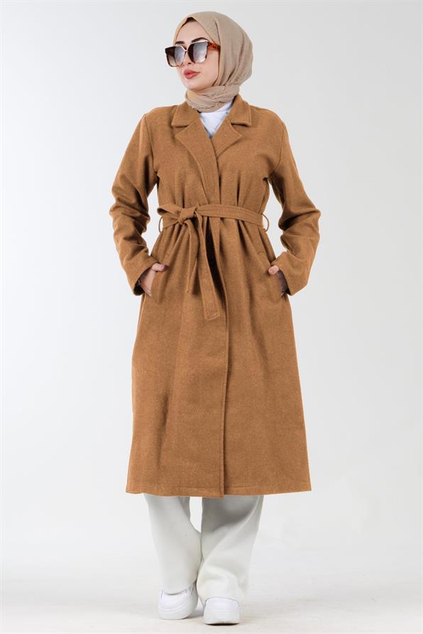 ترنشكوت منسوجة بحزام على الخصر-اللون العسلي