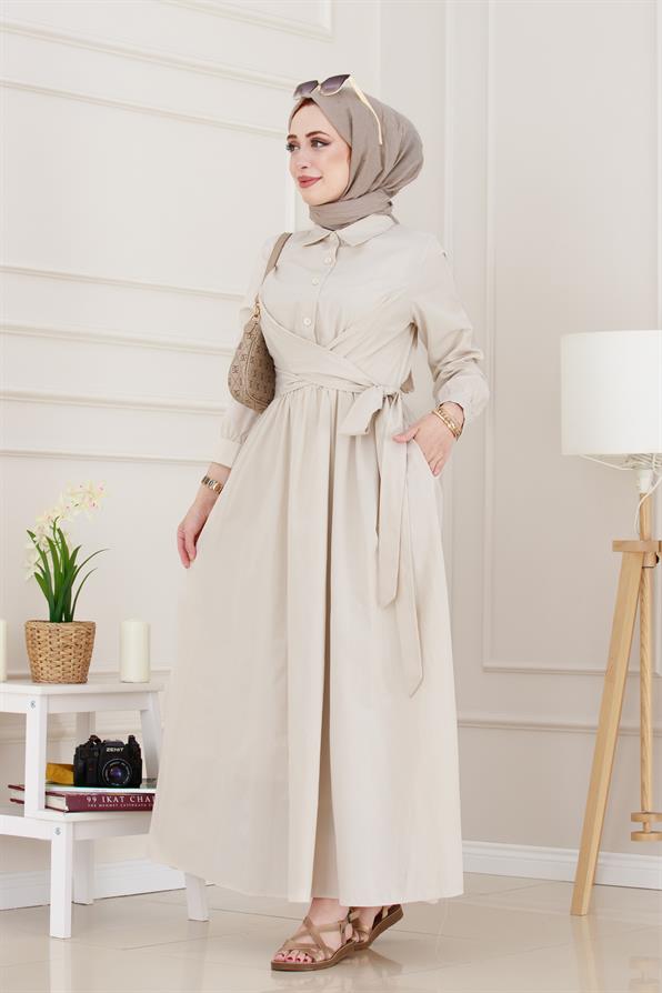Belden Bağlamalı Mina Elbise-Bej