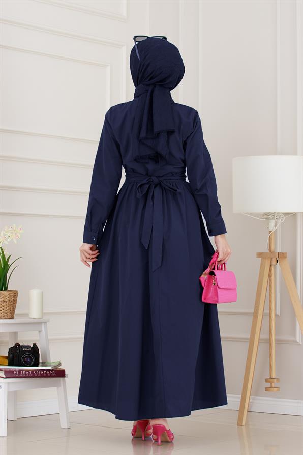 Belden Bağlamalı Mina Elbise-Lacivert