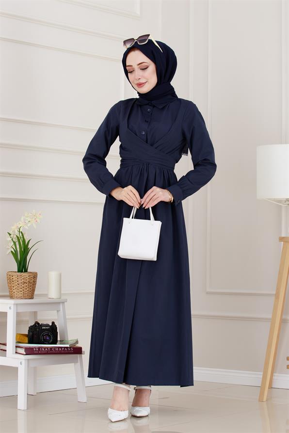 Belden Bağlamalı Mina Elbise-Lacivert