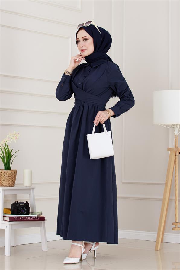 Belden Bağlamalı Mina Elbise-Lacivert