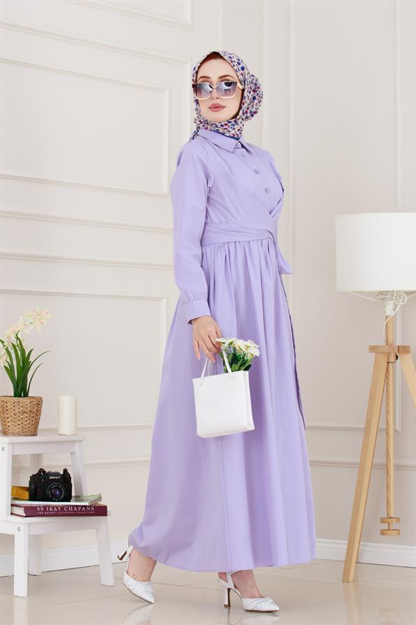 Belden Bağlamalı Mina Elbise-Lila
