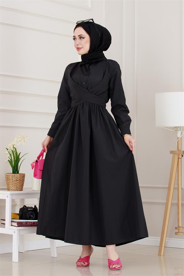 Belden Bağlamalı Mina Elbise-Siyah