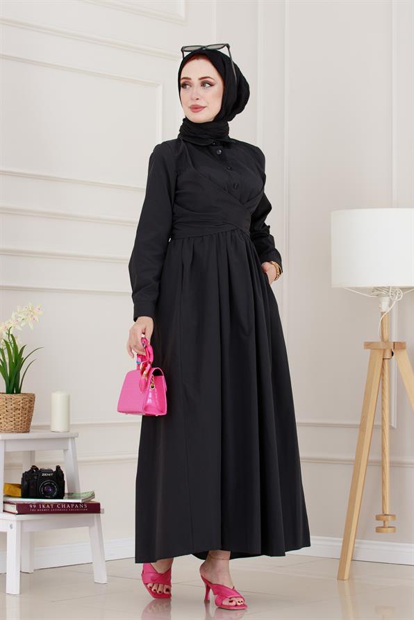 Belden Bağlamalı Mina Elbise-Siyah