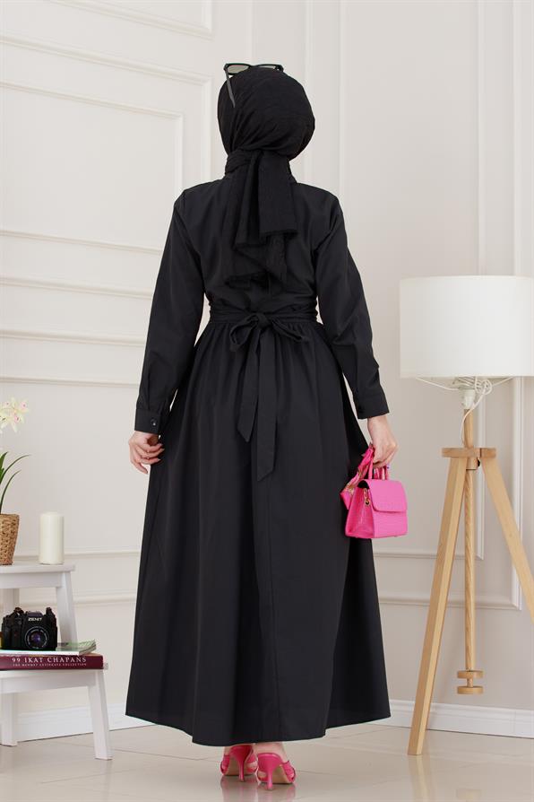 Belden Bağlamalı Mina Elbise-Siyah
