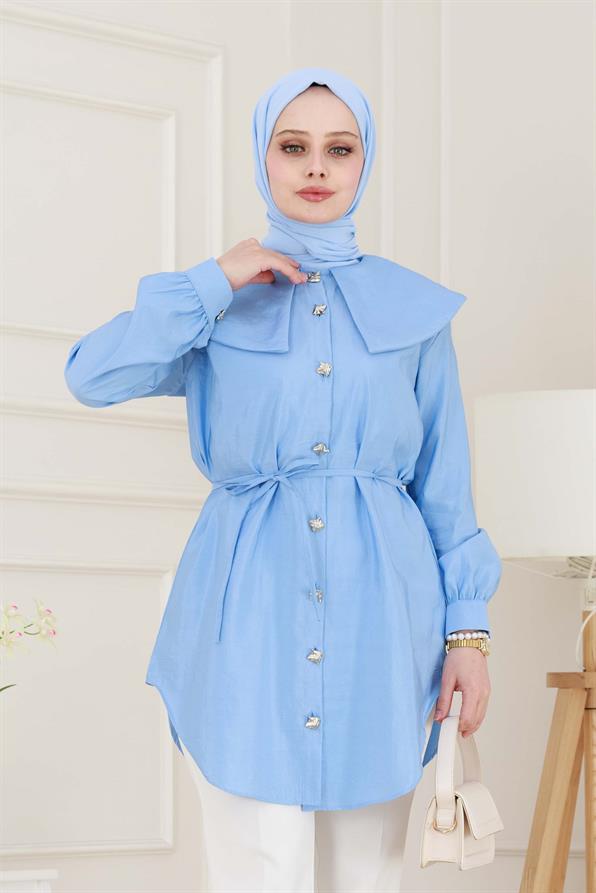 Beli Bağcık Detaylı Geniş Yaka Tunik-Bebe mavi