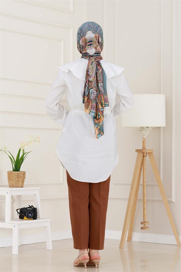 Beli Bağcık Detaylı Geniş Yaka Tunik-Beyaz