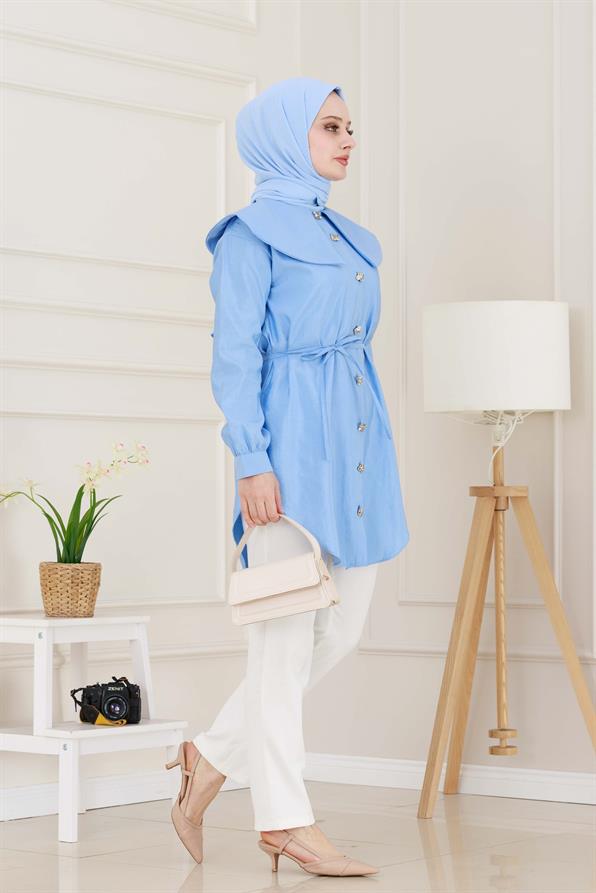 Beli Bağcık Detaylı Geniş Yaka Tunik-Bebe mavi