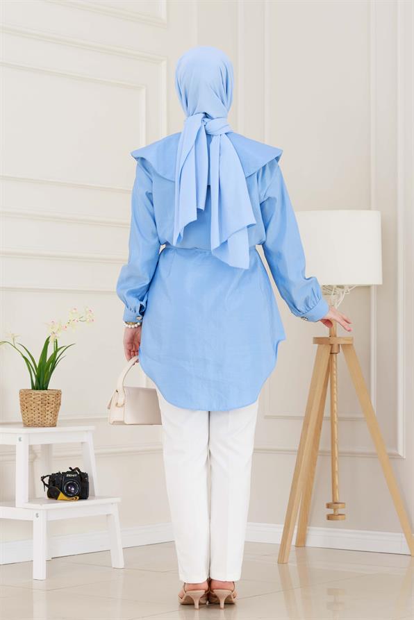 Beli Bağcık Detaylı Geniş Yaka Tunik-Bebe mavi