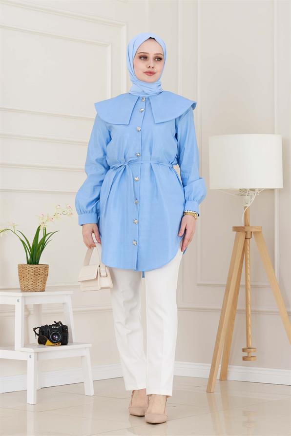 Beli Bağcık Detaylı Geniş Yaka Tunik-Bebe mavi