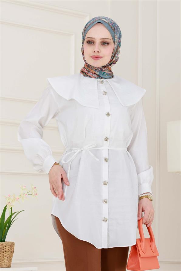 Beli Bağcık Detaylı Geniş Yaka Tunik-Beyaz