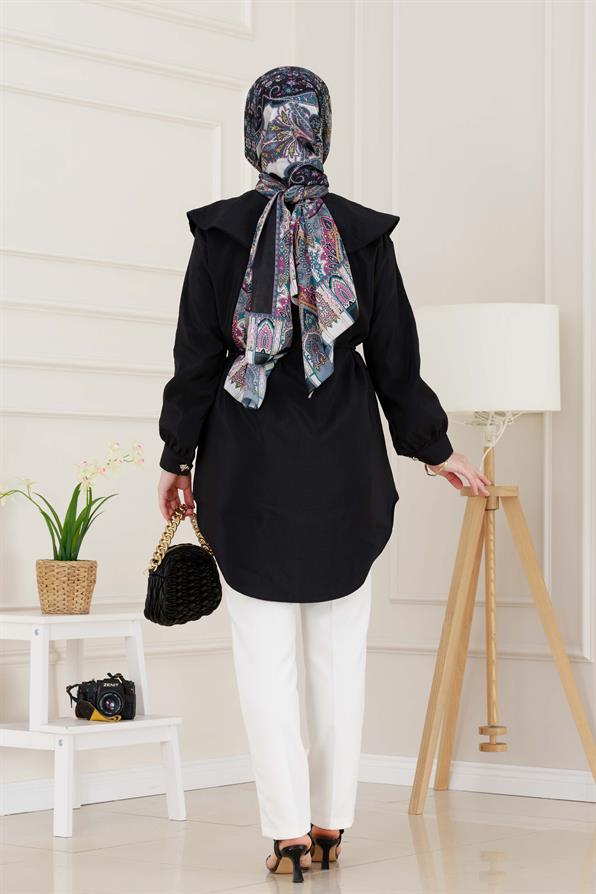 Beli Bağcık Detaylı Geniş Yaka Tunik-Siyah