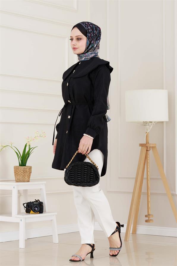 Beli Bağcık Detaylı Geniş Yaka Tunik-Siyah