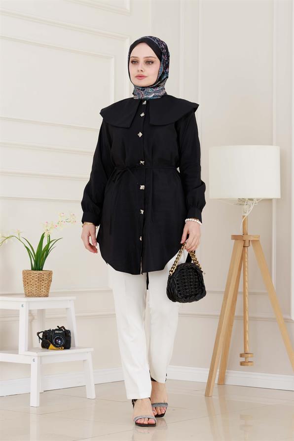 Beli Bağcık Detaylı Geniş Yaka Tunik-Siyah