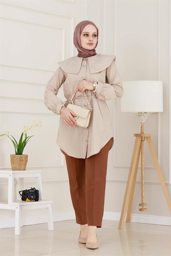 Beli Bağcık Detaylı Geniş Yaka Tunik-VİZON