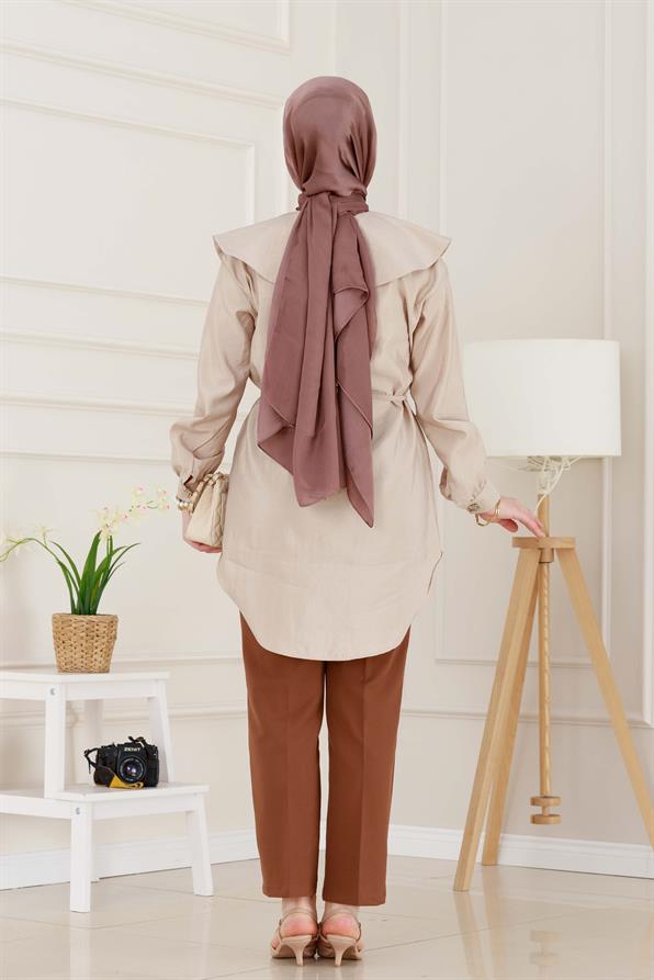 Beli Bağcık Detaylı Geniş Yaka Tunik-VİZON