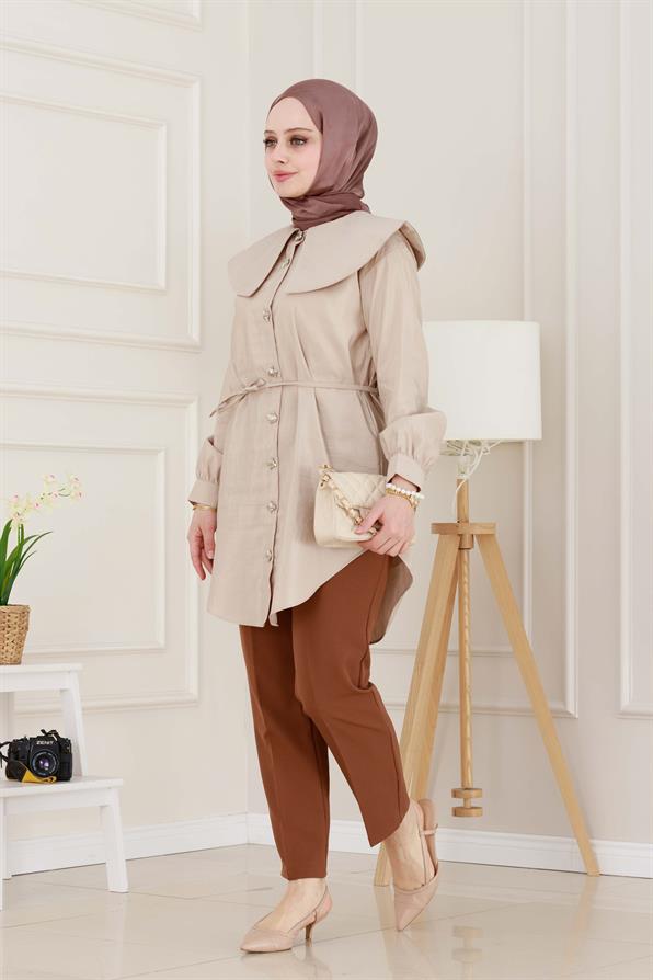Beli Bağcık Detaylı Geniş Yaka Tunik-VİZON