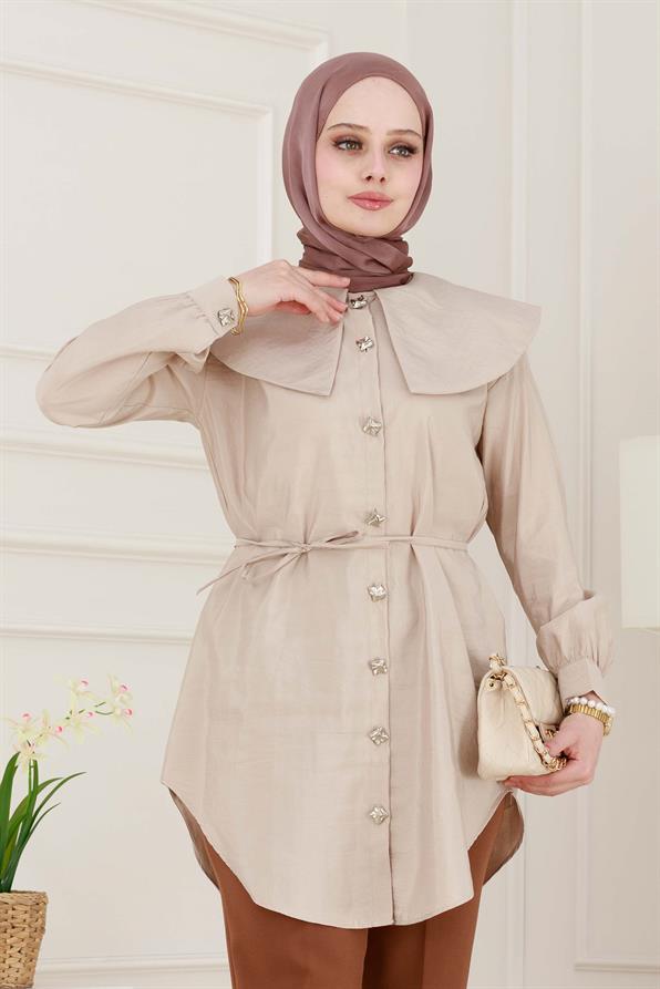 Beli Bağcık Detaylı Geniş Yaka Tunik-VİZON