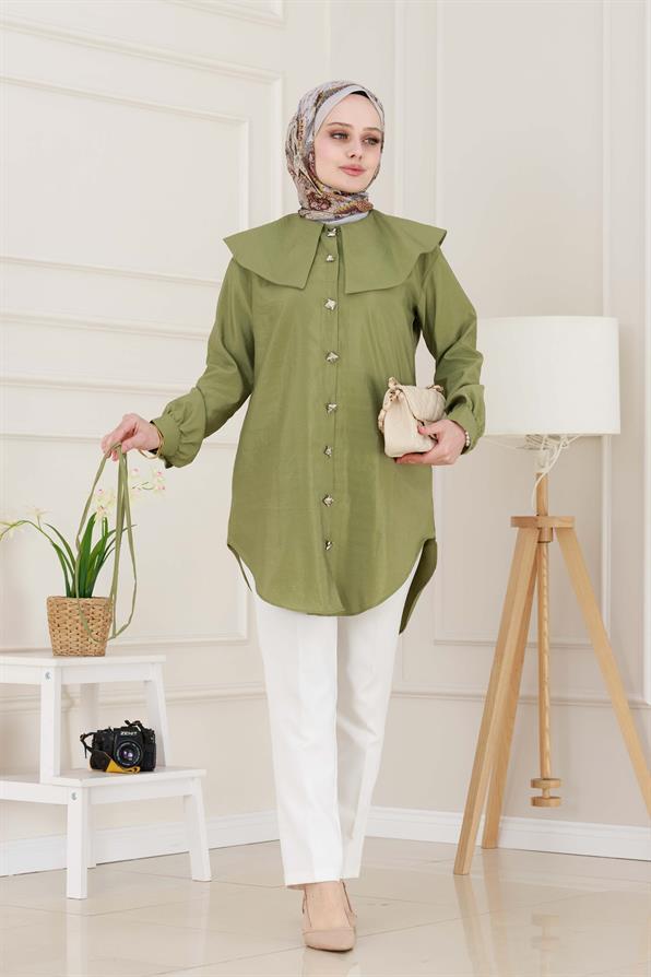 Beli Bağcık Detaylı Geniş Yaka Tunik-Yeşil