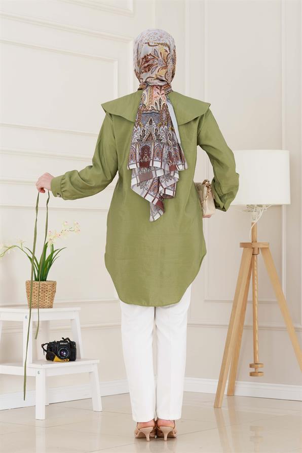 Beli Bağcık Detaylı Geniş Yaka Tunik-Yeşil