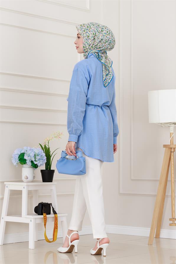 Beli Bağcıklı Allerli Taşlı Tunik-Bebe mavi