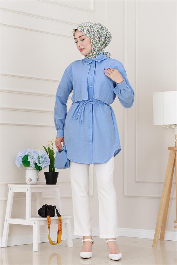 Beli Bağcıklı Allerli Taşlı Tunik-Bebe mavi