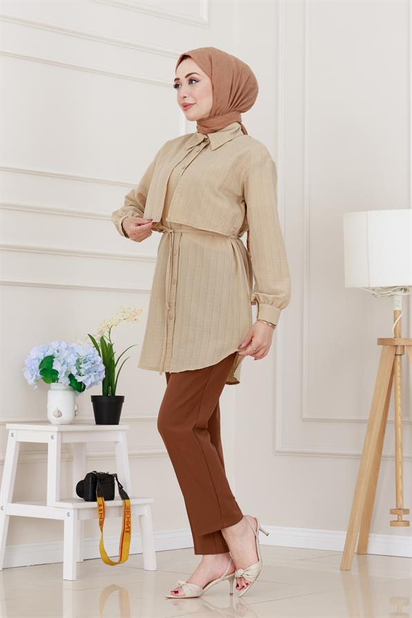 Beli Bağcıklı Allerli Taşlı Tunik-Bej