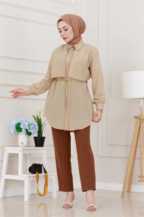 Beli Bağcıklı Allerli Taşlı Tunik-Bej