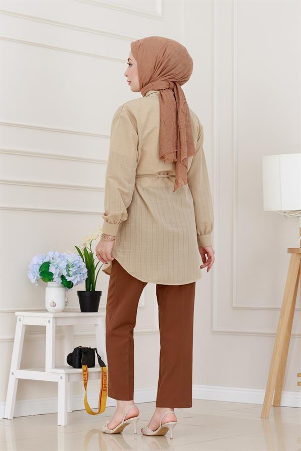 Beli Bağcıklı Allerli Taşlı Tunik-Bej