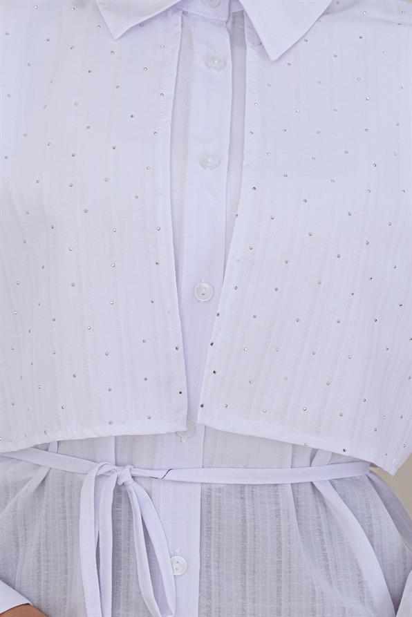 Beli Bağcıklı Allerli Taşlı Tunik-Beyaz