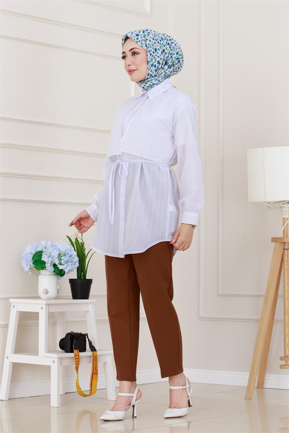 Beli Bağcıklı Allerli Taşlı Tunik-Beyaz