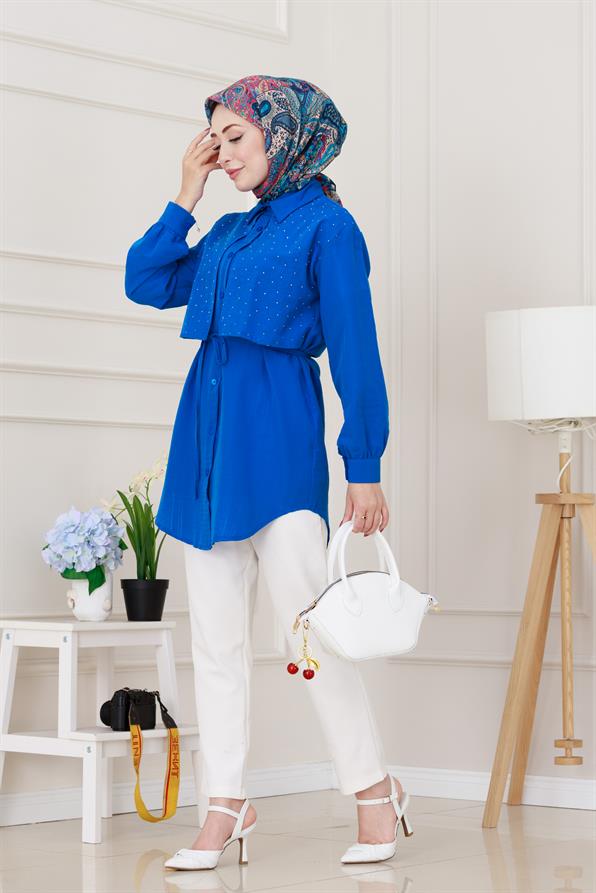 Beli Bağcıklı Allerli Taşlı Tunik-Mavi