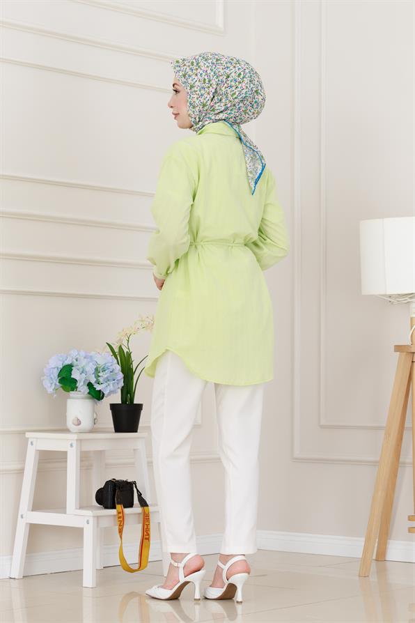 Beli Bağcıklı Allerli Taşlı Tunik-Sarı