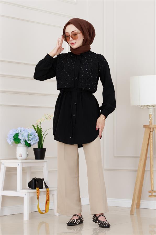 Beli Bağcıklı Allerli Taşlı Tunik-Siyah