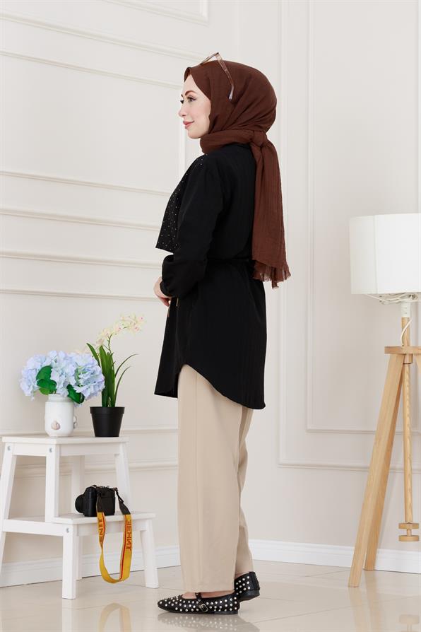 Beli Bağcıklı Allerli Taşlı Tunik-Siyah