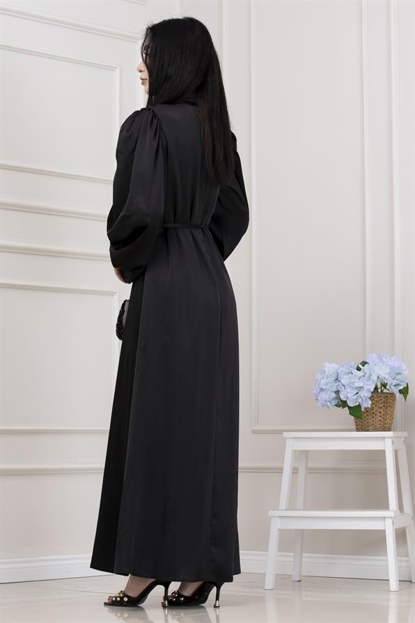 Beli Bağcıklı Balon Kol Abiye-BEJ