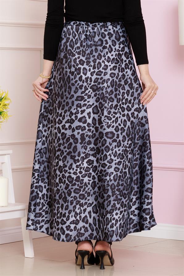 Beli Bağcıklı Leopar Desenli Etek-Gri