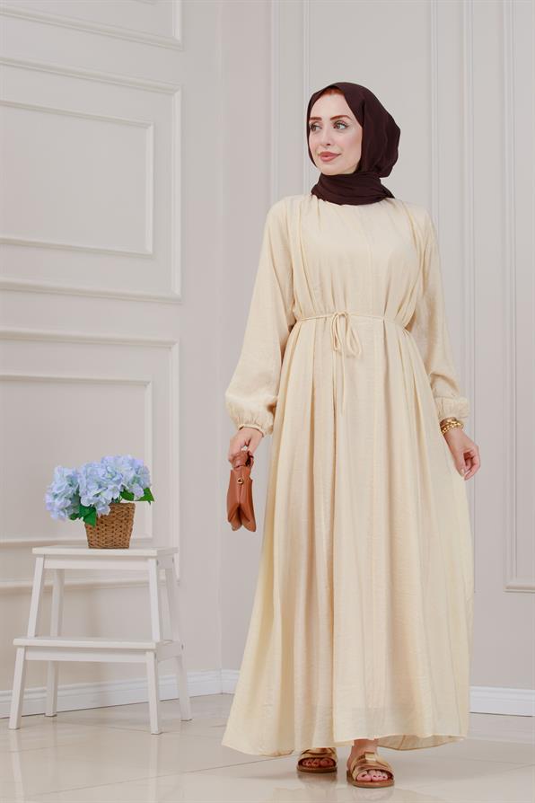 Beli Bağcıklı Pera Elbise-Krem