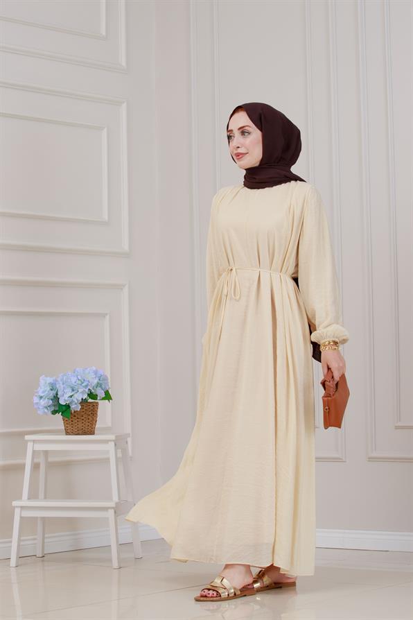 Beli Bağcıklı Pera Elbise-Krem