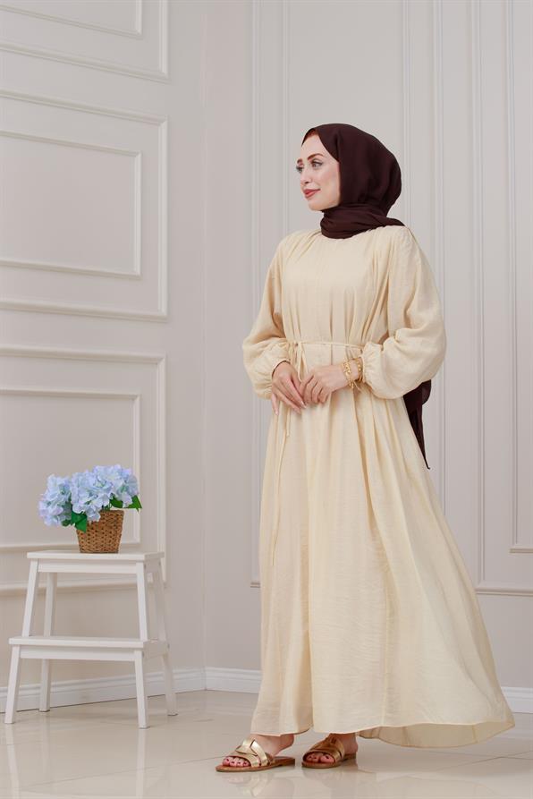 Beli Bağcıklı Pera Elbise-Krem